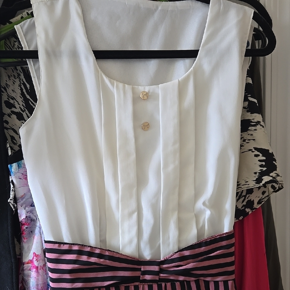 White and Pink Striped Bow Dress